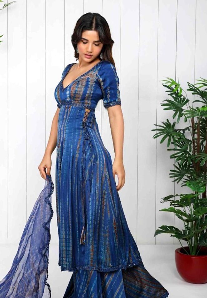 Buy Blue Cotton Satin, Dupatta Organza, Lining…