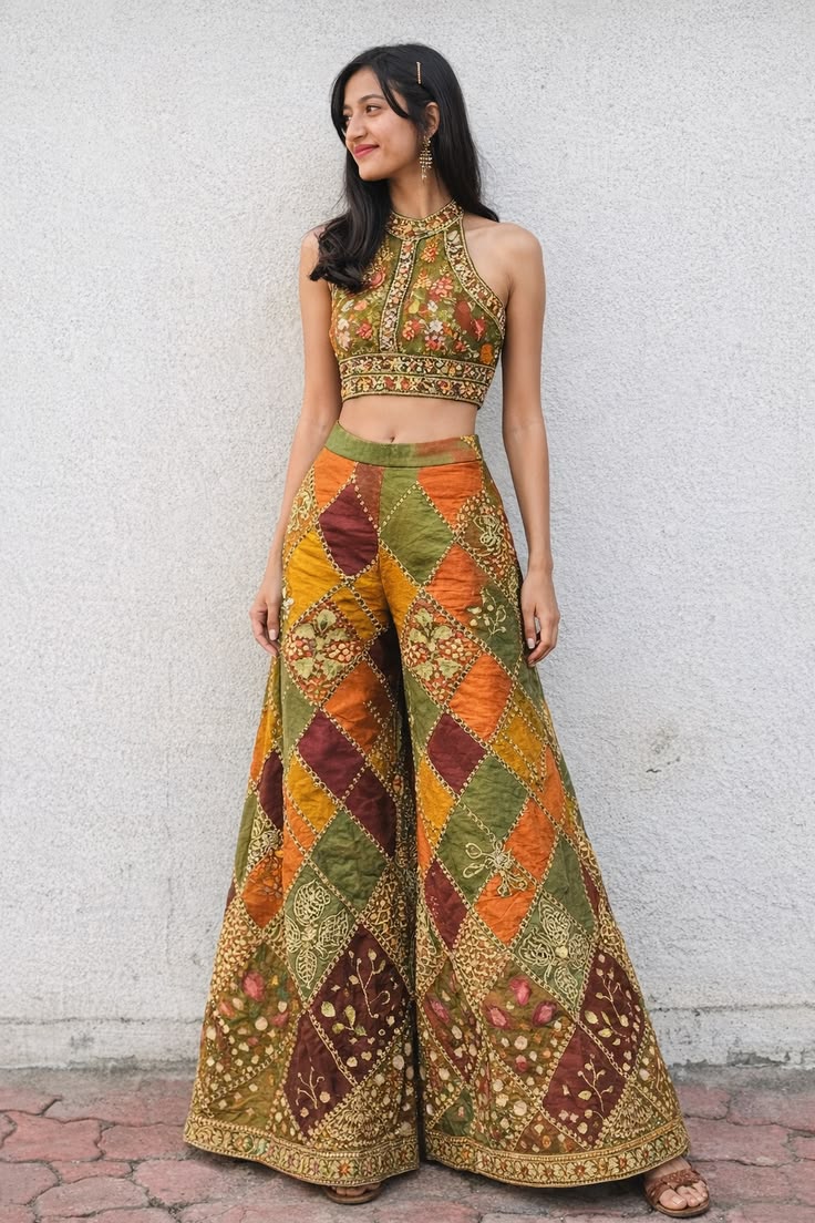 Elegant South Asian Woman in Vibrant Patchwork Lehenga Set