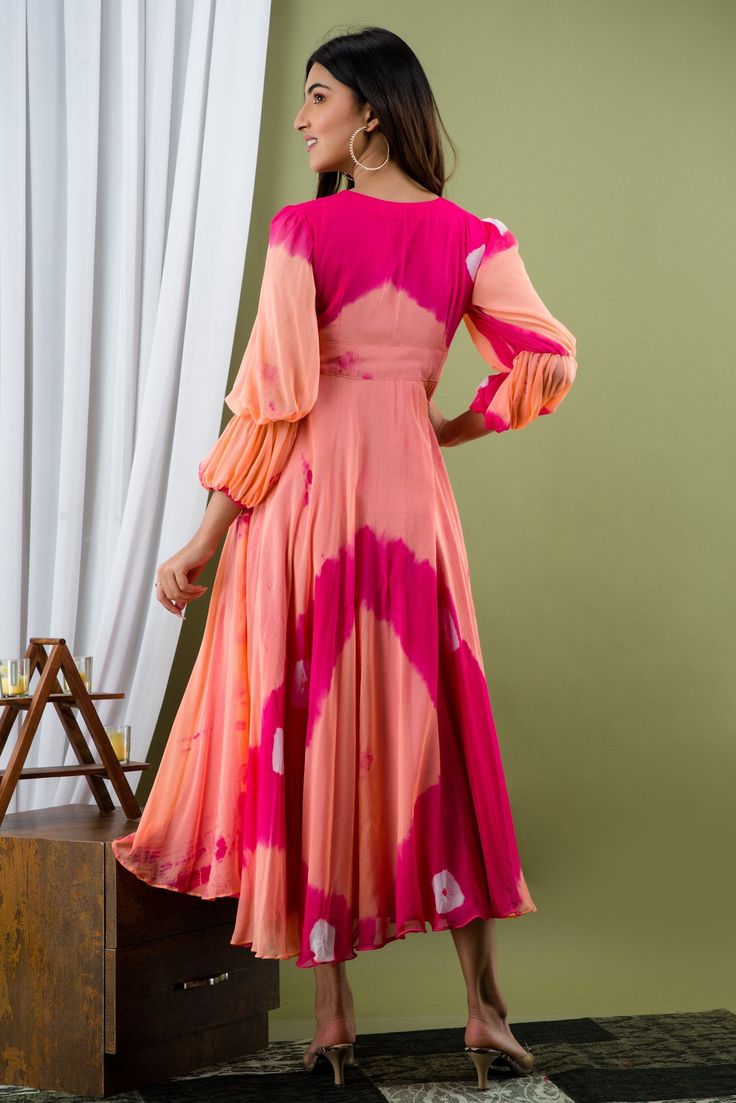 Women's Peach and Pink Tie Dye A-Line Fit and Flare Maxi Dress - RANGNAARI - 34