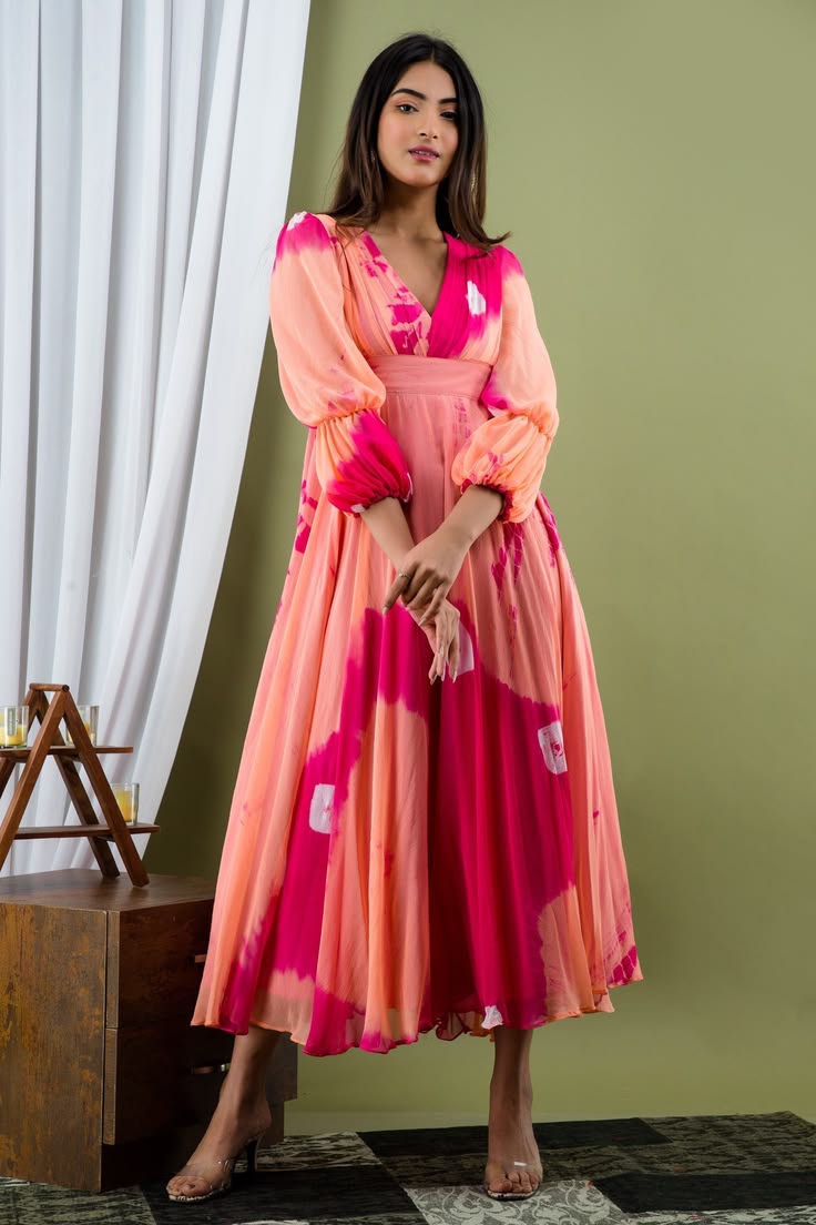Women's Peach and Pink Tie Dye A-Line Fit and Flare Maxi Dress - SARAS THE LABEL - XSS _ Peach-Pink